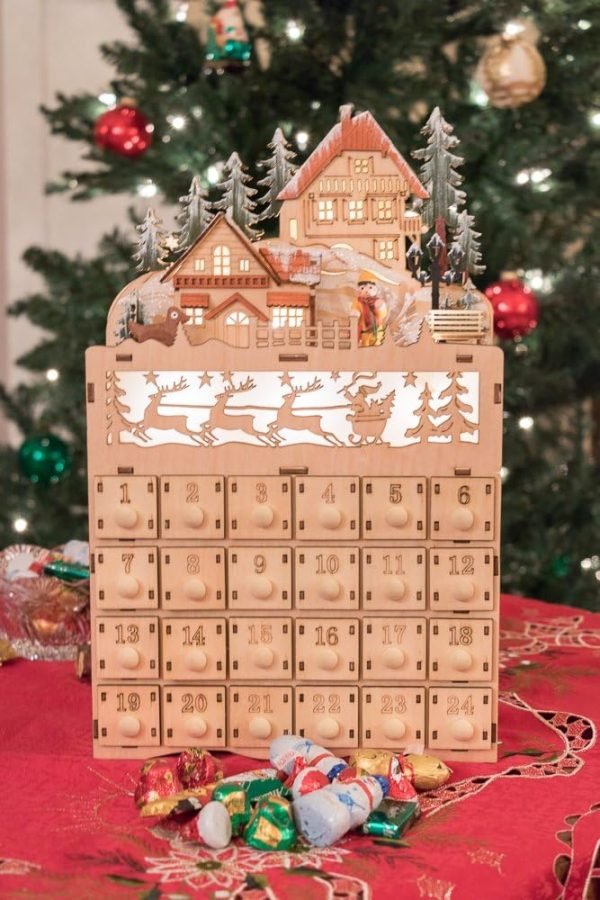 Goodsright Decor Wooden Christmas Advent Calendar, Countdown to Christmas, LED Holiday Decoration, Battery Operated, Reindeer Village