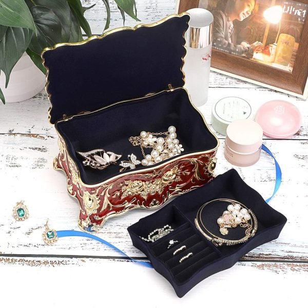 Goodsright Decor Vintage Rectangular Jewelry Box - Enameled Trinket Box Organizer Two Layer Treasure Chest Box Jewelry Decorative box Keepsake Gift Box Case for Women Girls, 7"x5"x3"