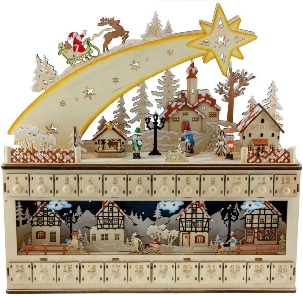 Goodsright Decor Wooden Christmas Advent Calendar, Countdown to Christmas, LED Holiday Decoration, Battery Operated, Reindeer Village