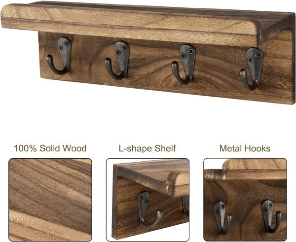 Goodsright Decor Rustic Key Holder for Wall, Farmhouse Wall Shelf with 4 Hooks, Wall Mounted Key Racks, Wooden Mail Organizer with Hooks for Entryway (Brown)