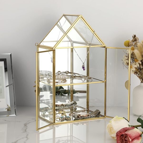 Goodsright Decor 2 Tier Clear Glass Storage Box, Gold Mirrored Jewelry Makeup Display Organizer Case, Decorative Tower box Storage for Trinket Perfume Lipstick Figure Statue Toy Display, House Shape