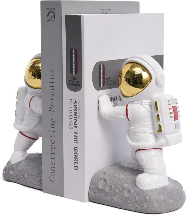 Goodsright Decor Space Decor Bookends, Resin Astronaut Bookshelf Ends for Kids Rooms Gold Book Ends for Heavy Books Fun Heavy Duty Book End Holder Astronaut Figurine Statue for Office Home Room(D-Gold)