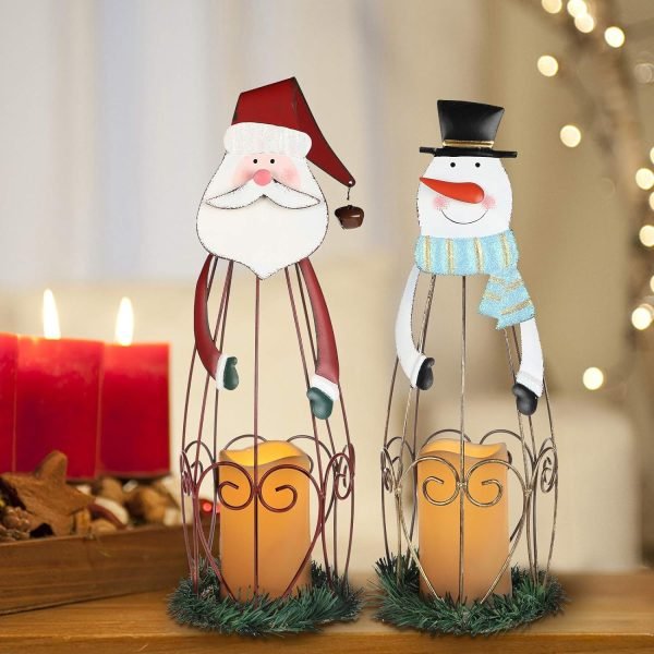 Goodsright Decor 2 Pack Christmas Candle Lantern with LED Lights, Metal Lighted Santa Claus Lanterns for Christmas Holiday Home Decorations