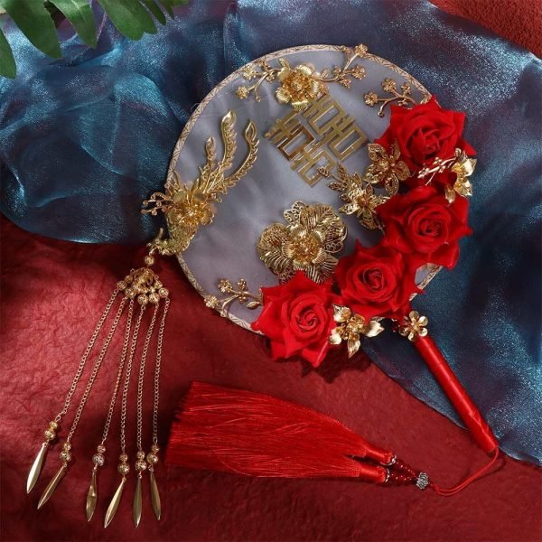 Goodsright Decor 5pcs Chinese Wedding Retro Bride Gold Red Circular Fan Handmade Dragon and Phoenix Flower Decoration Craft Photography Jewelry Decoration Props(1/2/3/4/5)