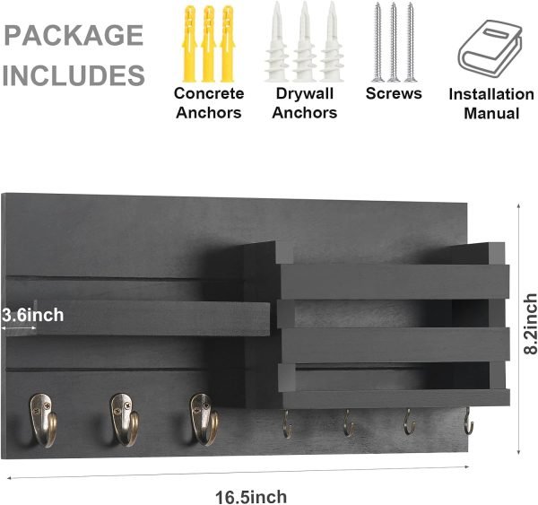 Goodsright Decor Mail Organizer for Wall Mount ?C Key Holder with Shelf Includes Letter Holder and Hooks for Coats, Dog Leashes ?C Rustic Wood with Flush Mounting Hardware (16.5?? x 8.7?? x 3.5??)