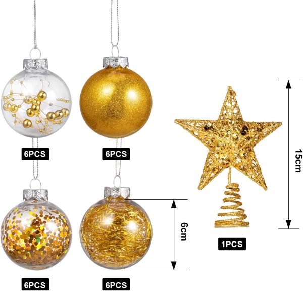 Goodsright Decor 24 Pieces 2.36 Inch Shatterproof Plastic Christmas Ball Ornaments Tree Balls with One Christmas Tree Star for Christmas New Years Present Wedding Home Holiday Party Decoration (Gold)