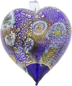 Goodsright Decor Glass Of Venice Murano Glass Heart Christmas Ornament Millefiori Blue and Gold. Blown Glass Christmas Ornament for Holiday Decor, Italian Handmade