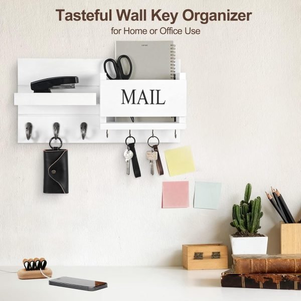 Goodsright Decor Organizer for Wall Mount ?C Key Holder with Shelf Includes Letter Holder and Hooks for Hallway Farmhouse Decor ?C Rustic Wood with Flush Mounting Hardware (16.5?? x 9.1?? x 3.4??) (White)