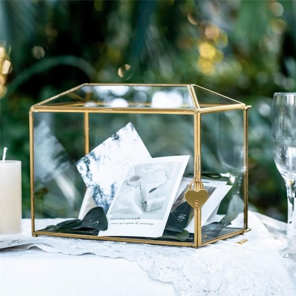 Goodsright Decor 10.2" x 5.9" x 7.9" Small Glass Cards Box with Slot and Lock for Wedding Reception - Birthdays Party Card Holder, Home Geometric Decorative, Clear Gold Terrarium (Glass Box Only)