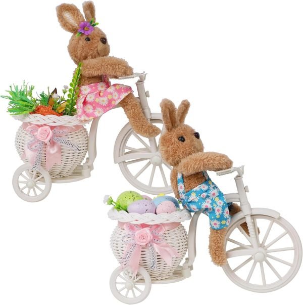 Goodsright Decor Set of 2 Easter Tabletop Decorations Plush Bunny Couple, 10" Easter Rabbits Ride Bike, Cute Animal Figurine for Girls' Gift, Easter Basket Filler Spring Home Kitchen Room Ornament
