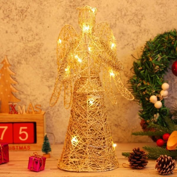 Goodsright Decor Angel Christmas Tree Topper Gold Glitter Christmas Treetop Decoration Coated Metal Angel Xmas Tree Topper Ornaments for Holiday Home Office Shopping Mall Decor