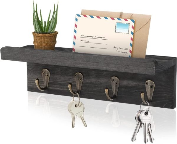 Goodsright Decor Rustic Key Holder for Wall, Farmhouse Wall Shelf with 4 Hooks, Wall Mounted Key Racks, Wooden Mail Organizer with Hooks for Entryway (Brown)