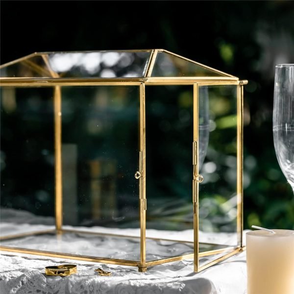 Goodsright Decor 10.2" x 5.9" x 7.9" Small Glass Cards Box with Slot and Lock for Wedding Reception - Birthdays Party Card Holder, Home Geometric Decorative, Clear Gold Terrarium (Glass Box Only)