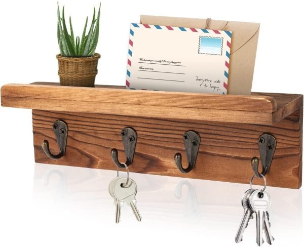 Goodsright Decor Rustic Key Holder for Wall, Farmhouse Wall Shelf with 4 Hooks, Wall Mounted Key Racks, Wooden Mail Organizer with Hooks for Entryway (Brown)