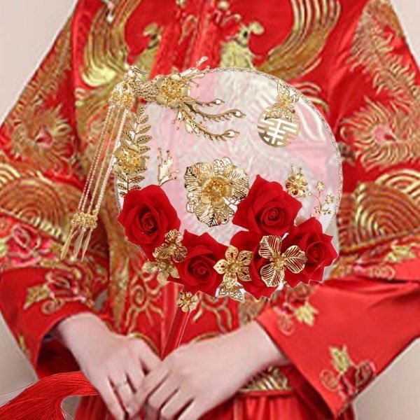 Goodsright Decor 5pcs Chinese Wedding Retro Bride Gold Red Circular Fan Handmade Dragon and Phoenix Flower Decoration Craft Photography Jewelry Decoration Props(1/2/3/4/5)