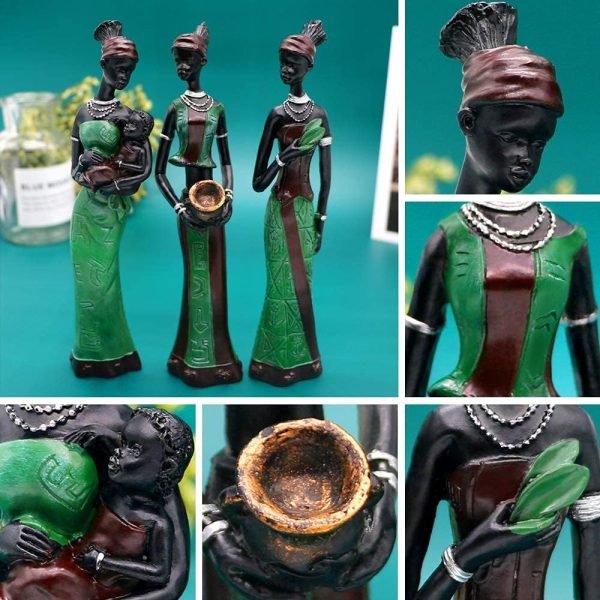 Goodsright Decor 3 Pack African Women Sculpture,7.5" Women Figurines Exotic Tribal Lady Figurine Black Women Statue Home Office Decor Vintage Collectible Art Crafts Desktop Ornaments Decorations Gift (Green)