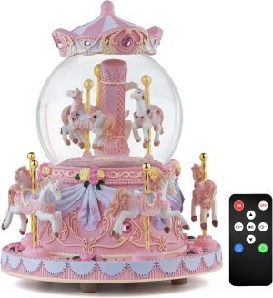 Goodsright Decor Carousel Music Box Horse Gift, Remote Control Plug in Musical Snow Globe for Girls Women Daughter Wife, Usb Charge 8-Horse Snow Globes Birthday Anniversary Valentine Gift Play Multiple Songs