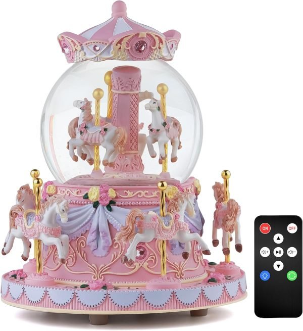 Goodsright Decor Carousel Music Box Horse Gift, Remote Control Plug in Musical Snow Globe for Girls Women Daughter Wife, Usb Charge 8-Horse Snow Globes Birthday Anniversary Valentine Gift Play Multiple Songs