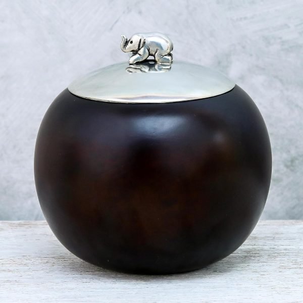 Goodsright Decor Artisan Handmade Wood Pewter Decorative Jar Elephant 4 In. Brown Thailand Accessories Jars Bottles Animal Themed [3.9in H x 3.9in Diam.] ' Elephant Orb' 4 Inch