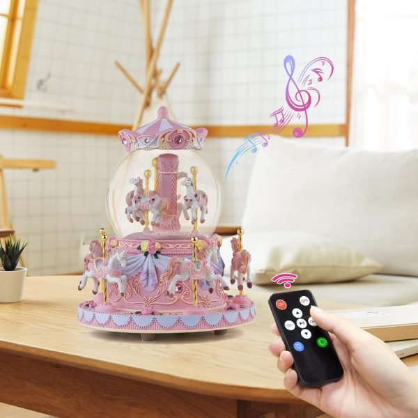 Goodsright Decor Carousel Music Box Horse Gift, Remote Control Plug in Musical Snow Globe for Girls Women Daughter Wife, Usb Charge 8-Horse Snow Globes Birthday Anniversary Valentine Gift Play Multiple Songs