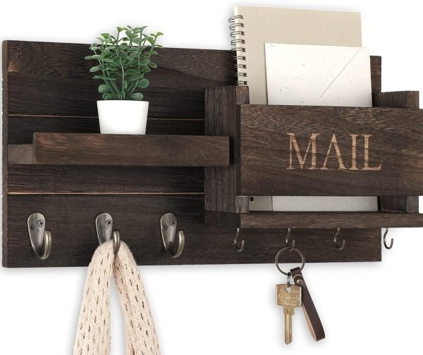Goodsright Decor Organizer for Wall Mount ?C Key Holder with Shelf Includes Letter Holder and Hooks for Hallway Farmhouse Decor ?C Rustic Wood with Flush Mounting Hardware (16.5?? x 9.1?? x 3.4??) (White)