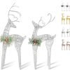 Goodsright Decor 2pc Set White Pinecone Rattan Thread String Christmas Reindeer Figurine Table Desk Decorations Glittering Xmas Holiday Party Supply