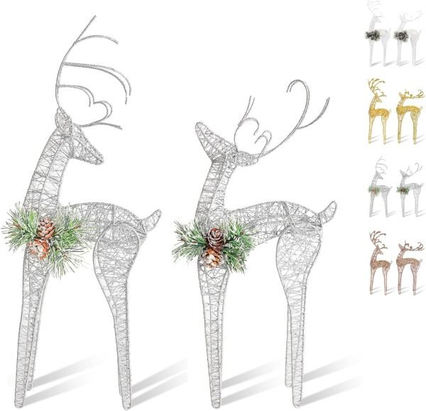 Goodsright Decor 2pc Set White Pinecone Rattan Thread String Christmas Reindeer Figurine Table Desk Decorations Glittering Xmas Holiday Party Supply