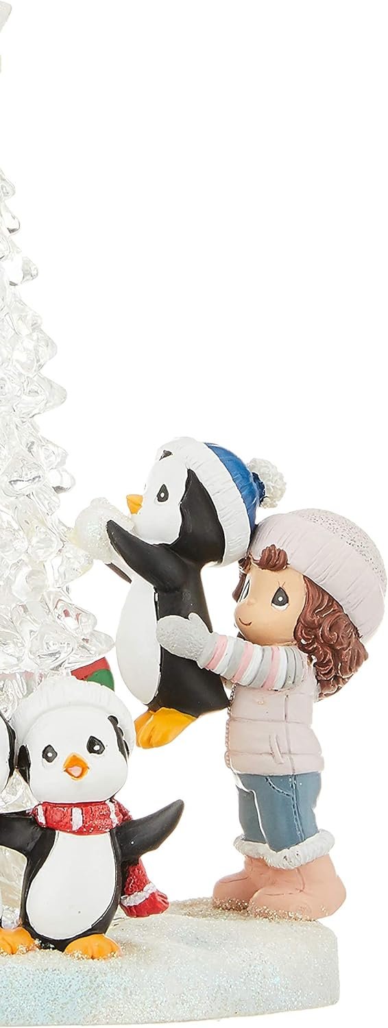 Goodsright Decor Precious Moments Light Up Figurine | Tree-mendous Fun Girl with Penguins | LED Lighted Resin/Acrylic Tabletop Christmas Tree Figurine | Holiday Decor & Gift | Hand-Painted
