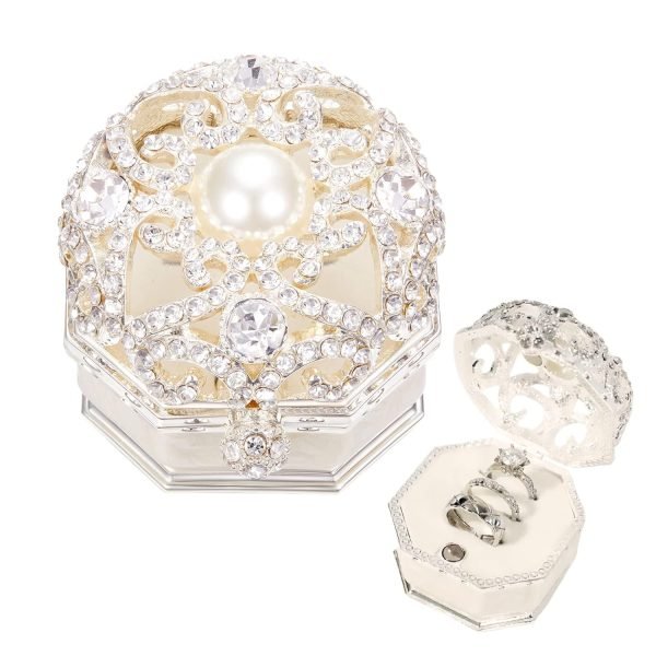 Goodsright Decor Vintage Jewelry Box for Women 1950s, Trinket Boxes Crystal Small Jewelry Box for Girls, Ring &Earring Holder Organizer, Antique Jewelry Case, White Jewelry Box with Pearl and Rhinestone