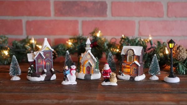 Goodsright Decor Miniature LED Lighted 10-Piece Christmas Village Scene with Santa - Small Decorative Mini Light Up Tabletop Mantel Shelf Xmas Winter Decorations Home Decor