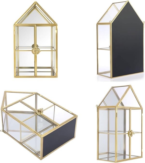 Goodsright Decor 2 Tier Clear Glass Storage Box, Gold Mirrored Jewelry Makeup Display Organizer Case, Decorative Tower box Storage for Trinket Perfume Lipstick Figure Statue Toy Display, House Shape