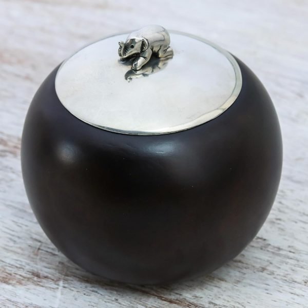 Goodsright Decor Artisan Handmade Wood Pewter Decorative Jar Elephant 4 In. Brown Thailand Accessories Jars Bottles Animal Themed [3.9in H x 3.9in Diam.] ' Elephant Orb' 4 Inch