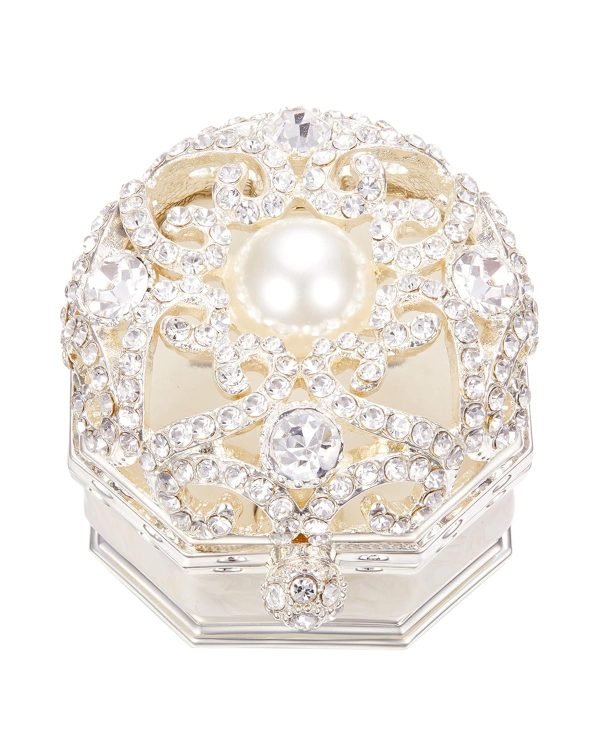 Goodsright Decor Vintage Jewelry Box for Women 1950s, Trinket Boxes Crystal Small Jewelry Box for Girls, Ring &Earring Holder Organizer, Antique Jewelry Case, White Jewelry Box with Pearl and Rhinestone