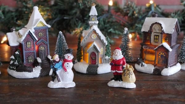 Goodsright Decor Miniature LED Lighted 10-Piece Christmas Village Scene with Santa - Small Decorative Mini Light Up Tabletop Mantel Shelf Xmas Winter Decorations Home Decor