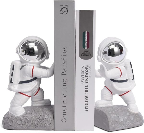 Goodsright Decor Space Decor Bookends, Resin Astronaut Bookshelf Ends for Kids Rooms Gold Book Ends for Heavy Books Fun Heavy Duty Book End Holder Astronaut Figurine Statue for Office Home Room(D-Gold)