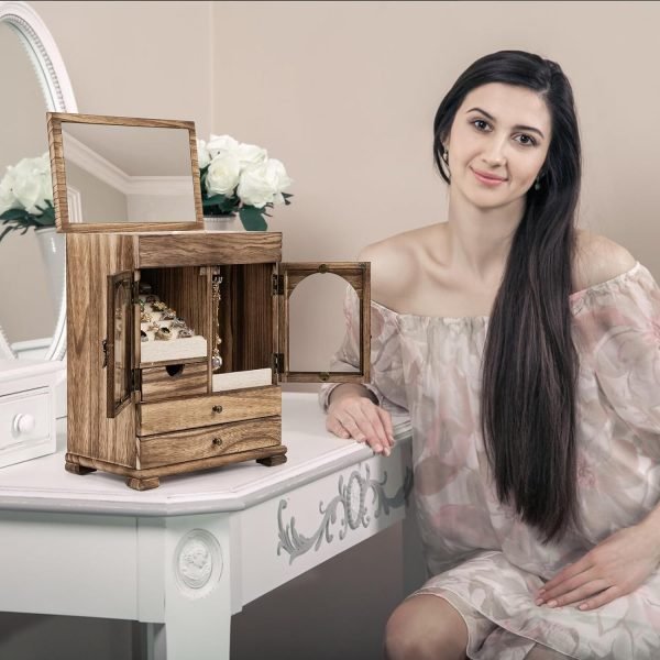 Goodsright Decor Jewelry Box for Women, Rustic Wooden Jewelry Boxes & Organizers with Mirror, 4 Layer Girls Jewelry Storage for Rings Earrings Necklaces Bracelets Valentines Day Gifts for Her