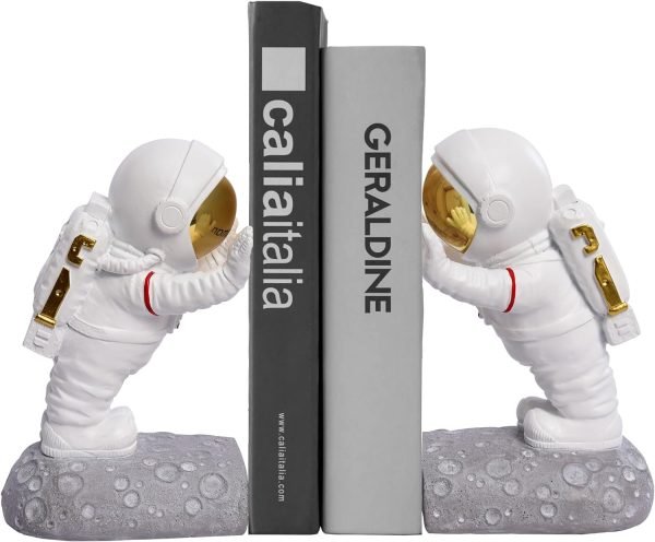 Goodsright Decor Space Decor Bookends, Resin Astronaut Bookshelf Ends for Kids Rooms Gold Book Ends for Heavy Books Fun Heavy Duty Book End Holder Astronaut Figurine Statue for Office Home Room(D-Gold)
