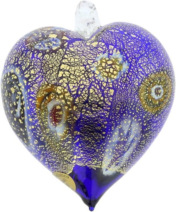 Goodsright Decor Glass Of Venice Murano Glass Heart Christmas Ornament Millefiori Blue and Gold. Blown Glass Christmas Ornament for Holiday Decor, Italian Handmade