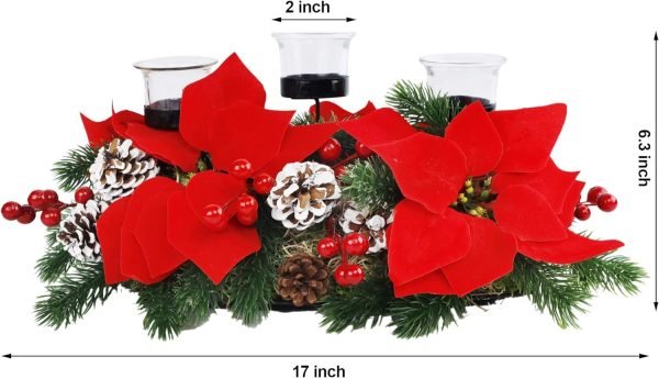 Goodsright Decor Christmas Centerpiece, Christmas Candle Holders, Christmas Tabletop Poinsettia Centerpiece with 3 Candle Holders, Romantic Holiday Candelabrum for Home Party Christmas Table Mantel Decorations