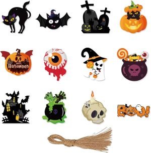 Goodsright Decor Halloween Ornaments for Tree Decorations - Scary Pumpkin Skull Ghost Halloween Hanging Ornaments Paper Card, Halloween Tree Ornaments with Ropes for Trick or Treat Party Decor - Pack of 12