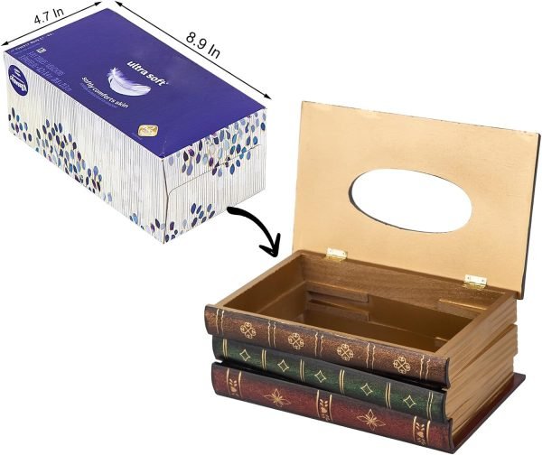 Goodsright Decor Crafted Classical Retro Wooden Antique Book Tissue Box Cover Rectangular Tissue Holder Dispenser Paper Cover Case Napkin Holder Home Decor for Bathroom Living Room Office car Kitchen