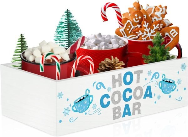 Goodsright Decor Christmas Hot Cocoa Bar Decor Box Hot Cocoa Bar Wood Storage Box Xmas Blue Bar Holder Box Hot Cocoa Decorative Christmas Cute Wood Storage Bins for Home Kitchen Office Farmhouse Gift