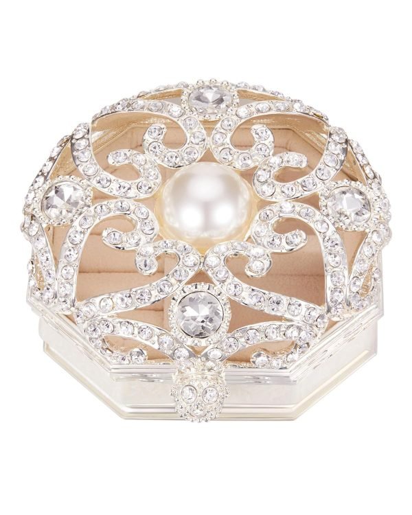 Goodsright Decor Vintage Jewelry Box for Women 1950s, Trinket Boxes Crystal Small Jewelry Box for Girls, Ring &Earring Holder Organizer, Antique Jewelry Case, White Jewelry Box with Pearl and Rhinestone