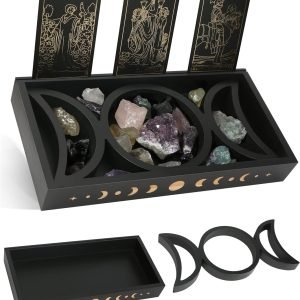 Goodsright Decor Crystal Display Moon Tray Tarot Card Holder Stand, Wiccan Decor & Witchy Accessories & Pagan Altar Supplies, Black Wooden Storage Organizer Box for Rocks Healing Stones Jewelry Home Decorative