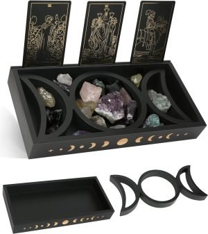 Goodsright Decor Crystal Display Moon Tray Tarot Card Holder Stand, Wiccan Decor & Witchy Accessories & Pagan Altar Supplies, Black Wooden Storage Organizer Box for Rocks Healing Stones Jewelry Home Decorative