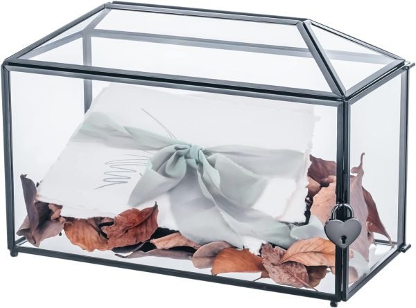 Goodsright Decor 10.2" x 5.9" x 7.9" Small Glass Cards Box with Slot and Lock for Wedding Reception - Birthdays Party Card Holder, Home Geometric Decorative, Clear Gold Terrarium (Glass Box Only)