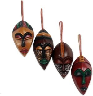 Goodsright Decor Decorative Christmas Wood Hanging Holiday Ornaments, Assorted 'Celebration Masks' (Set of 4)