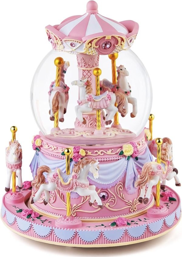 Goodsright Decor Carousel Music Box Horse Gift, Remote Control Plug in Musical Snow Globe for Girls Women Daughter Wife, Usb Charge 8-Horse Snow Globes Birthday Anniversary Valentine Gift Play Multiple Songs