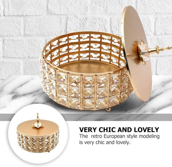 Goodsright Decor 1pc Glass Storage Box Golden Makeup Crystal Glass Bowl Ornament Storage Tray Trinket Jar Glass Apothecary Jar Round Toy Storage Kitchen Use Jar Buffet Metal Glass Jar Candy Banquet