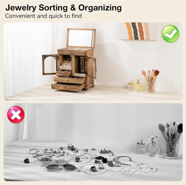 Goodsright Decor Jewelry Box for Women, Rustic Wooden Jewelry Boxes & Organizers with Mirror, 4 Layer Girls Jewelry Storage for Rings Earrings Necklaces Bracelets Valentines Day Gifts for Her